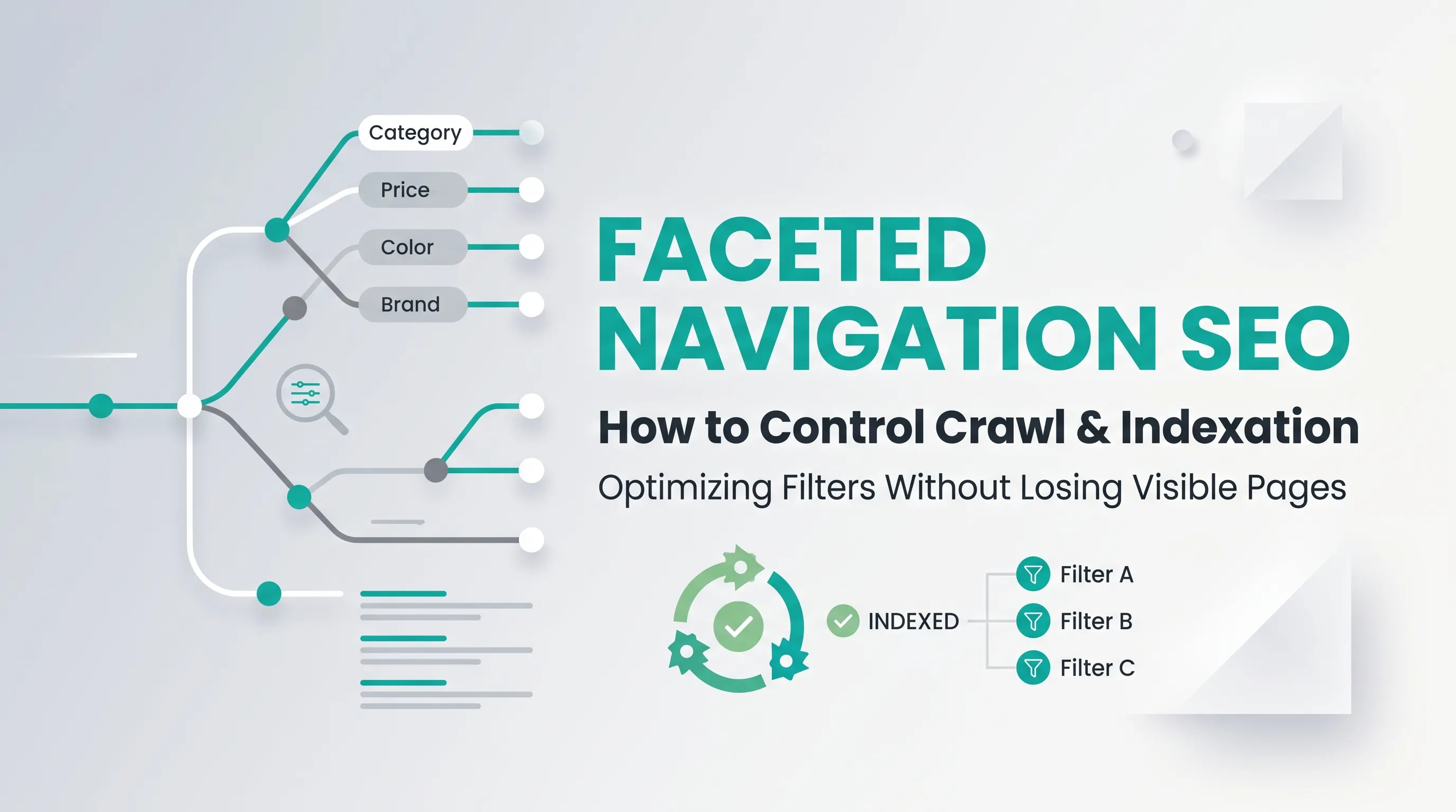 Faceted navigation SEO control model showing filter URL generation, crawl eligibility, indexable landing pages and validation.
