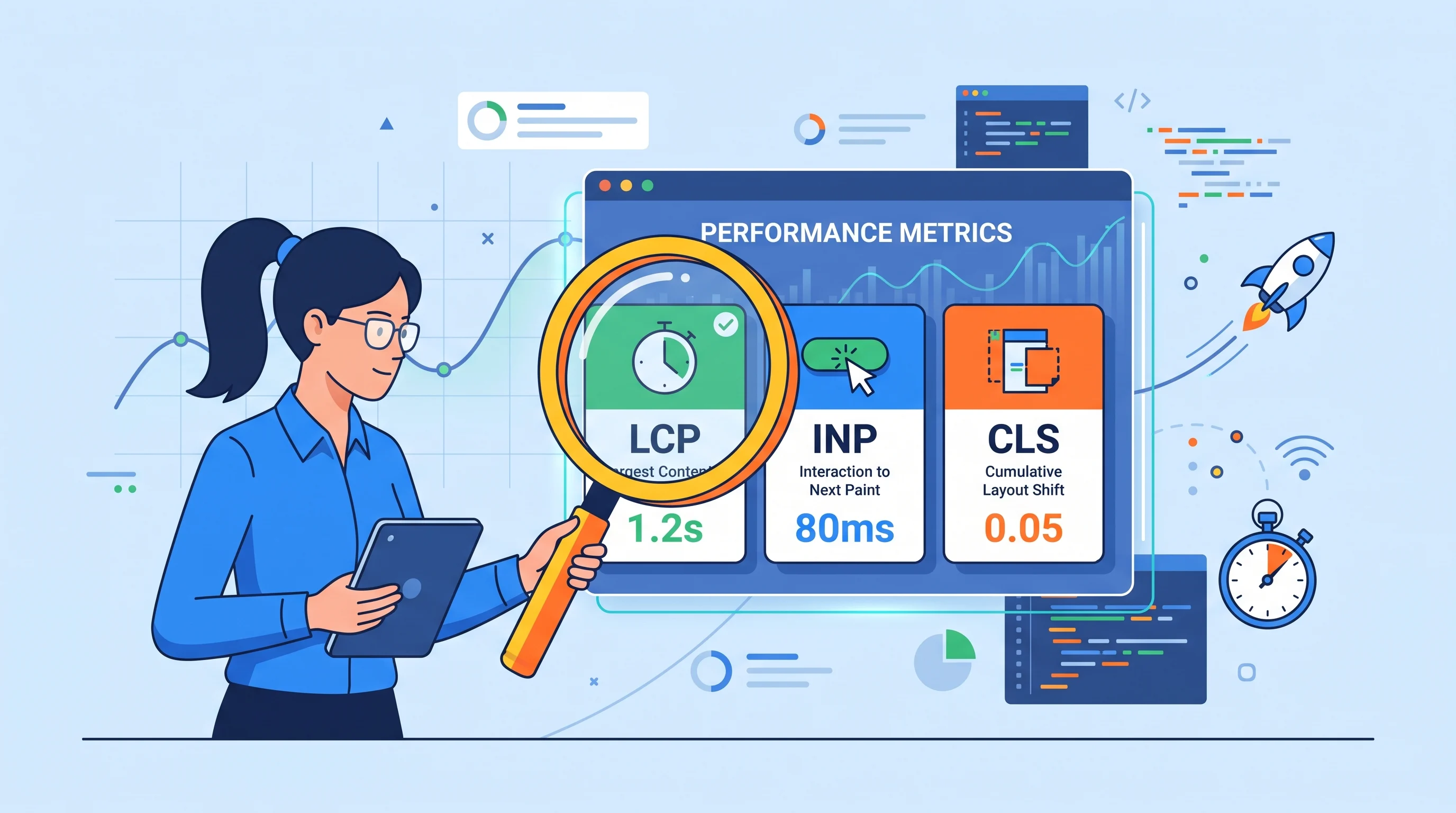 Core Web Vitals measurement workflow showing CrUX field evidence, PageSpeed Insights, calibrated Lighthouse profiling and first-party RUM feeding a validation loop.