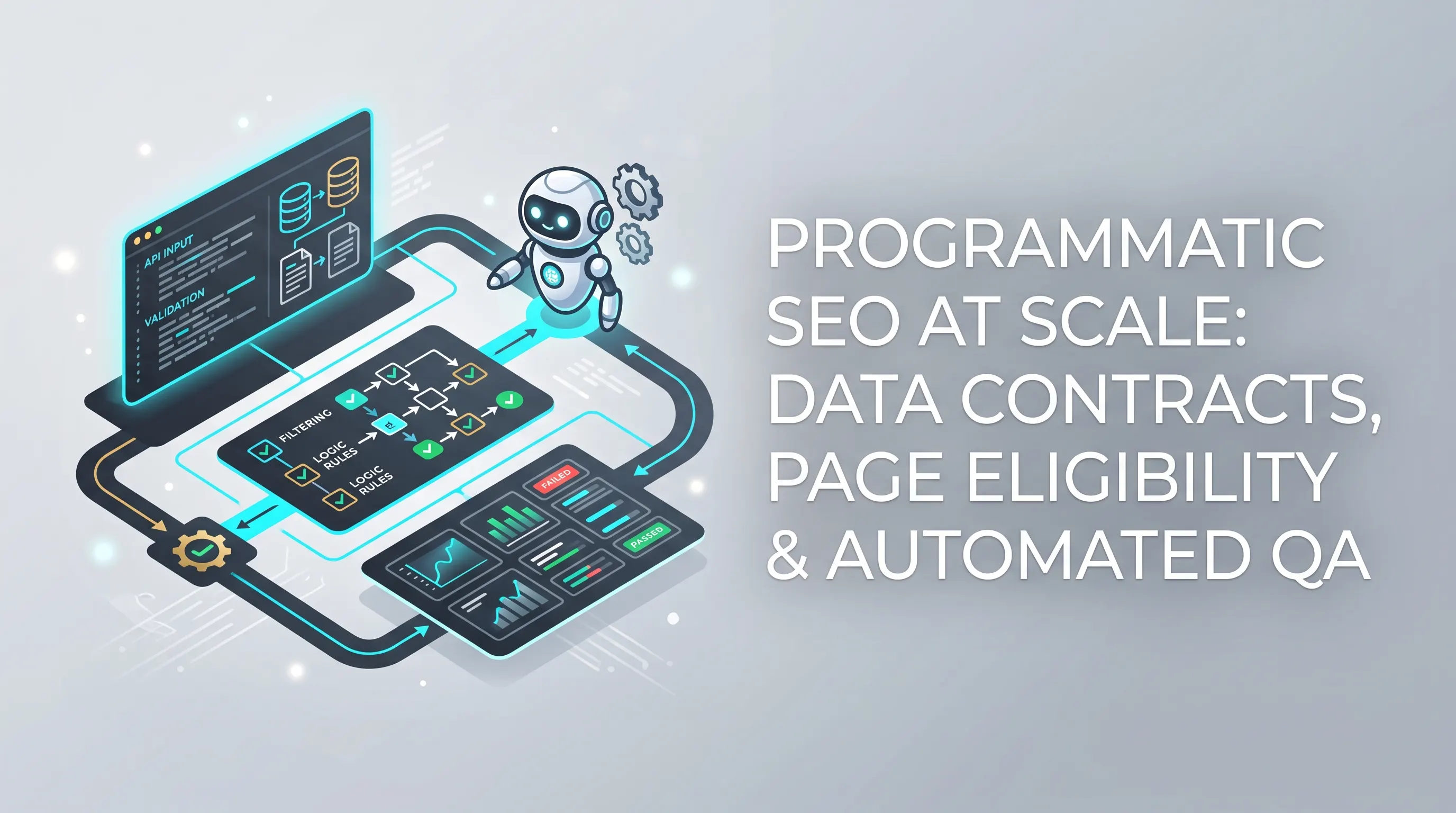 Programmatic SEO publishing system connecting a data contract to page eligibility, template rendering, automated QA, release and monitoring.