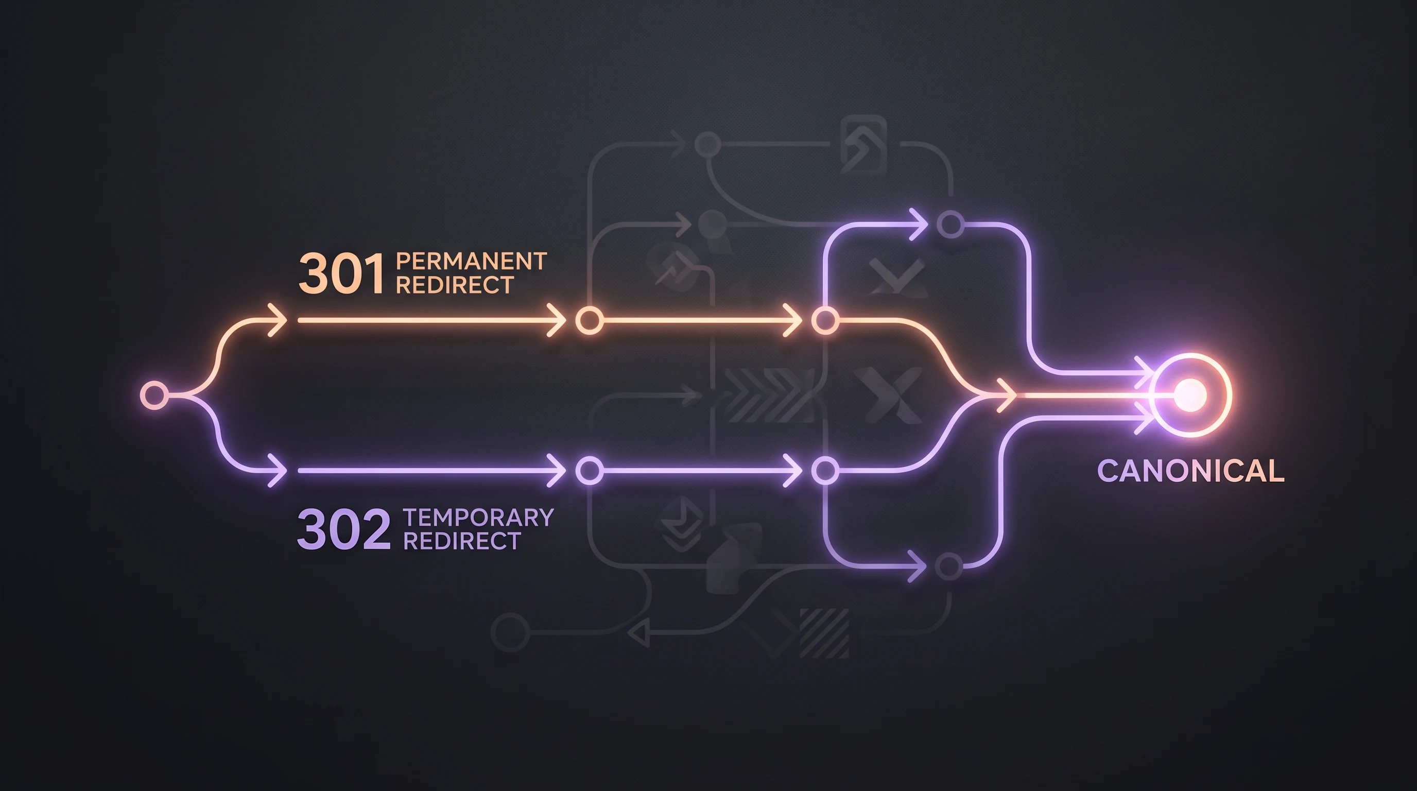 SEO redirect migration system showing an old URL moving through a permanent redirect to a final 200 canonical URL with internal-link and sitemap signals aligned.